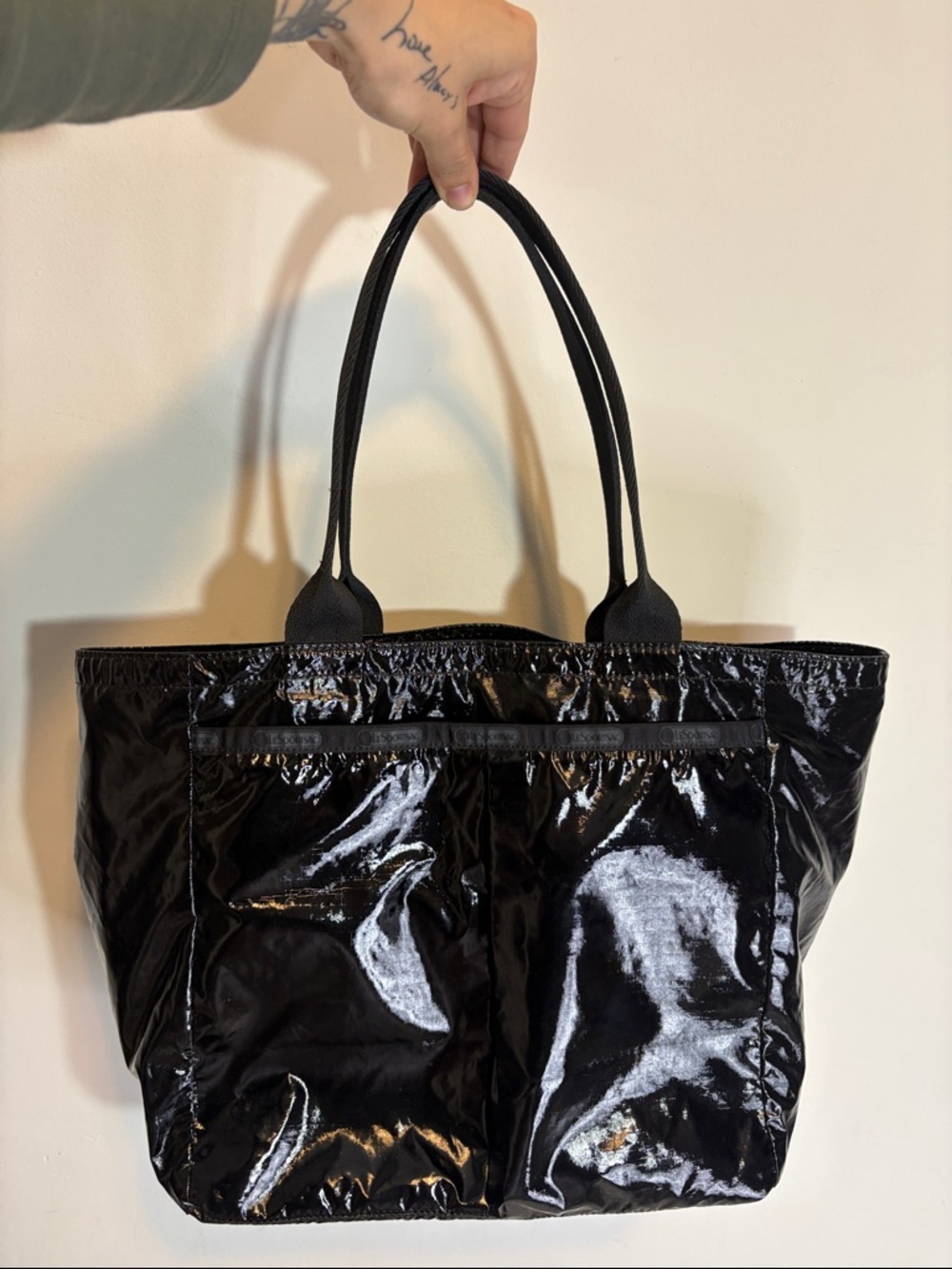LeSportsac Glossy Black Everygirl Patent Leather Shiny Double Strap Zip Tote Bag